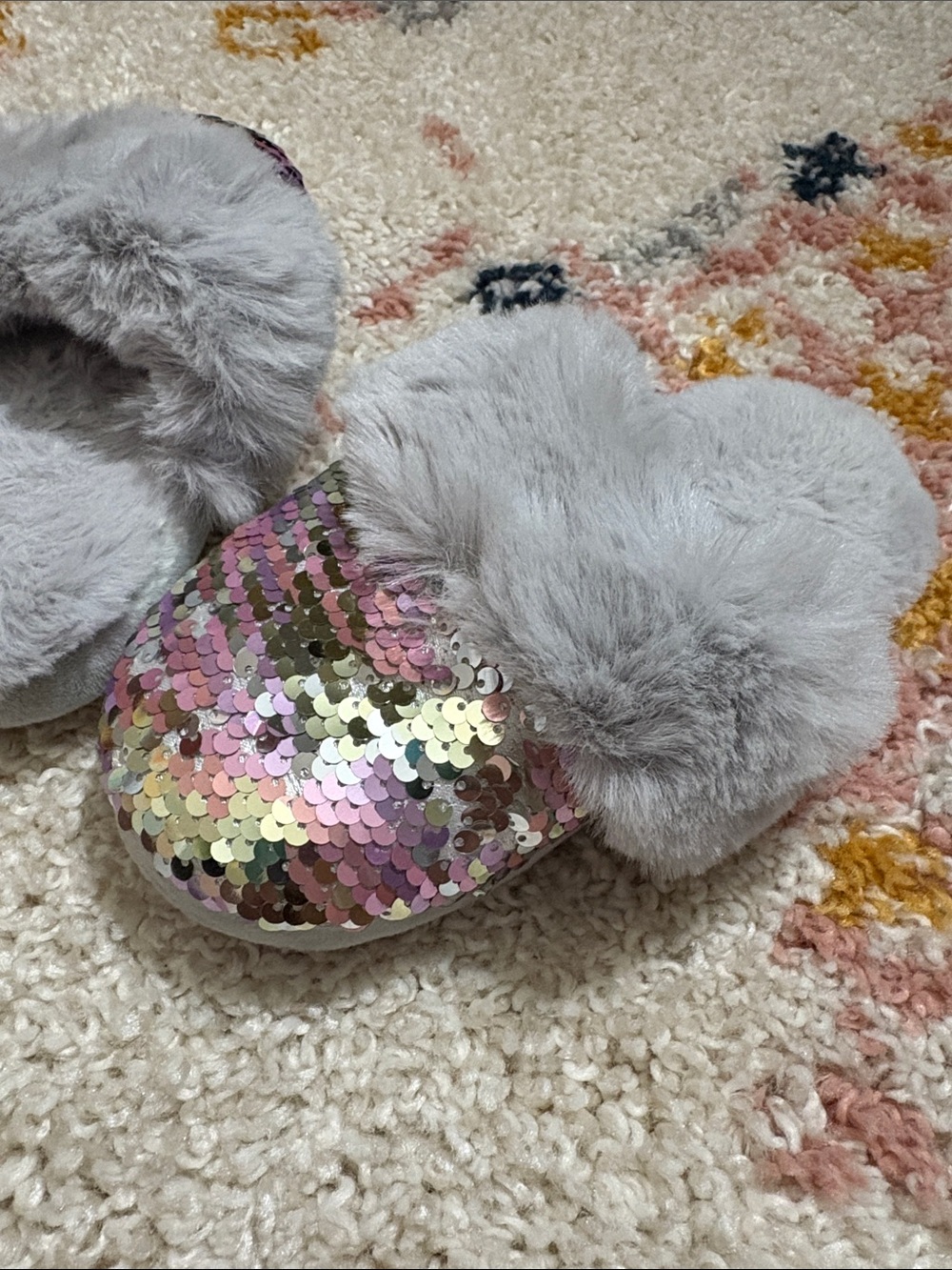 Kids Sequin & Faux Fur Slippers - Gray with Multicolor Sequins